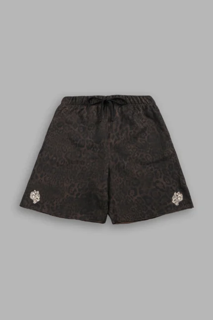 Dual Grunge Oversized Raw Hem Post Lounge Sweat Shorts in Darc Brown Leopard