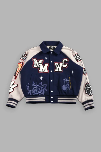 Mickey Mouse Wolves Club Roxy Box Cut Rudy Letterman Jacket in Navy/Clay