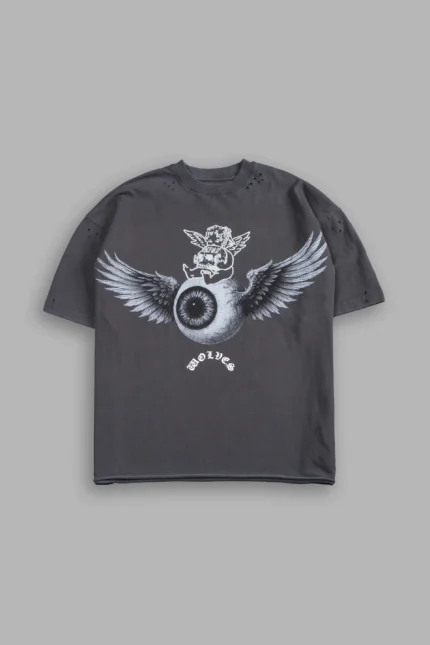 Flight Club Distressed Grunge Mid-Length Raw Hem Tee in Wolf Gray