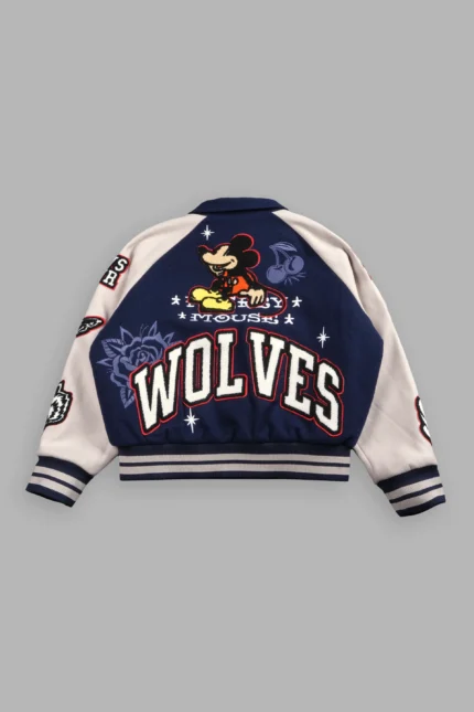 Mickey Mouse Wolves Club Roxy Box Cut Rudy Letterman Jacket in Navy/Clay