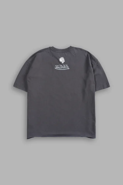 Flight Club Distressed Grunge Mid-Length Raw Hem Tee in Wolf Gray