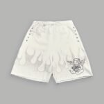 Wolves Club Cherub Inferno Grunge Oversized Raw Hem Post Lounge Sweat Shorts in Cream