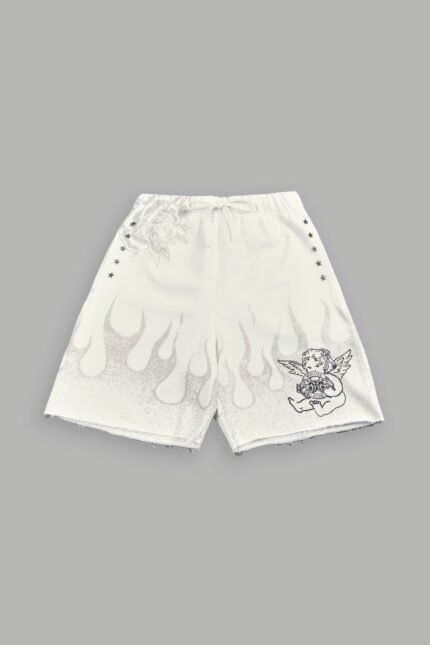 Wolves Club Cherub Inferno Grunge Oversized Raw Hem Post Lounge Sweat Shorts in Cream
