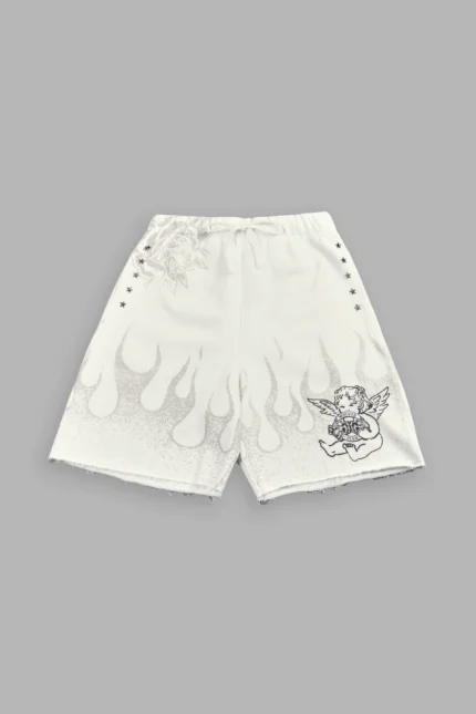 Wolves Club Cherub Inferno Grunge Oversized Raw Hem Post Lounge Sweat Shorts in Cream