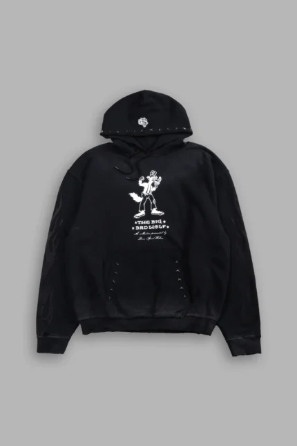 Big Bad Wolf Applique Grunge Moatis Hoodie in Black Drift Wash