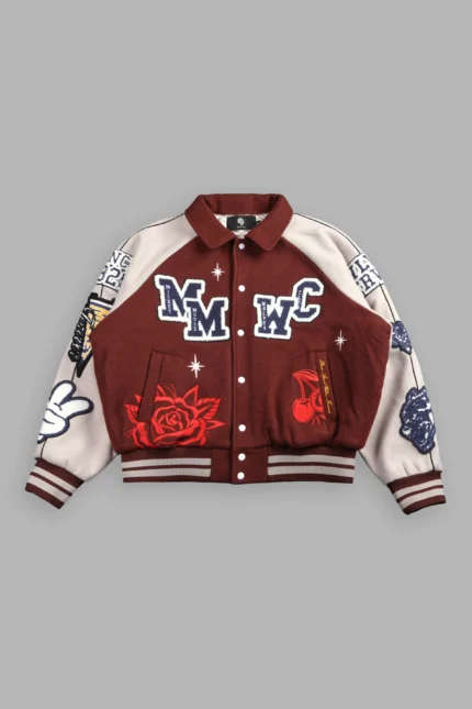 Mickey Mouse Wolves Club Roxy Box Cut Rudy Letterman Jacket in Oxblood/Clay