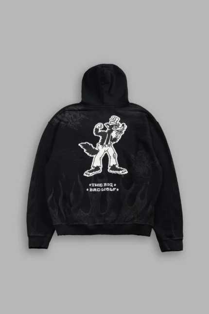 Big Bad Wolf Applique Grunge Moatis Hoodie in Black Drift Wash
