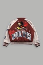 Mickey Mouse Wolves Club Roxy Box Cut Rudy Letterman Jacket in Oxblood/Clay