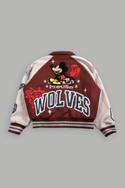 Mickey Mouse Wolves Club Roxy Box Cut Rudy Letterman Jacket in Oxblood/Clay
