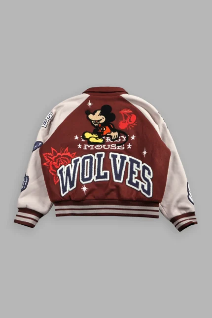 Mickey Mouse Wolves Club Roxy Box Cut Rudy Letterman Jacket in Oxblood/Clay