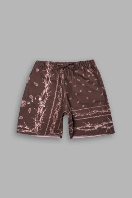 Wolves Pyramid Grunge Oversized Raw Hem Post Lounge Sweat Shorts in Desert Dust Thorn Paisley