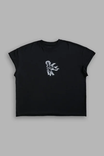 La Cherub Grunge Mid Length Raw Hem Cap Sleeve Tee in Black