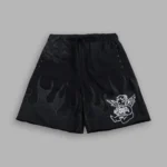 Wolves Club Cherub Inferno Grunge Oversized Raw Hem Post Lounge Sweat Shorts in Black Drift Wash