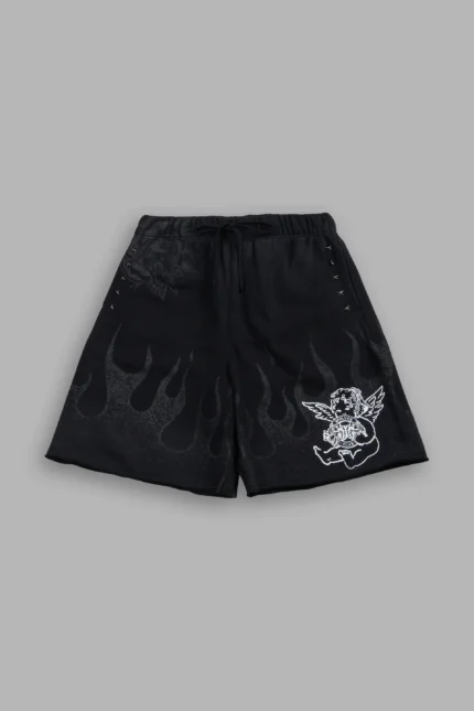 Wolves Club Cherub Inferno Grunge Oversized Raw Hem Post Lounge Sweat Shorts in Black Drift Wash