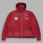 Big & Bad Distressed Grunge Mid Length Raw Hem Zip Hoodie in Carmine Red Drift Wash