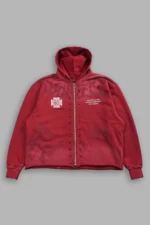 Big & Bad Distressed Grunge Mid Length Raw Hem Zip Hoodie in Carmine Red Drift Wash