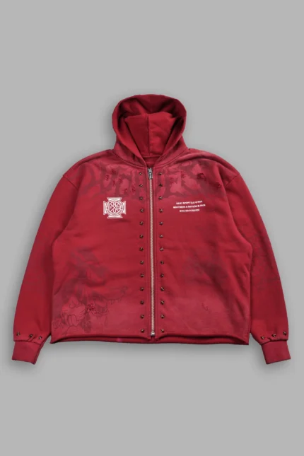 Big & Bad Distressed Grunge Mid Length Raw Hem Zip Hoodie in Carmine Red Drift Wash