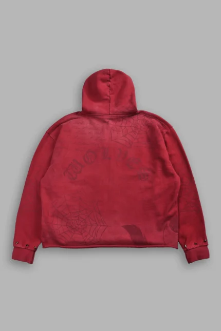 Big & Bad Distressed Grunge Mid Length Raw Hem Zip Hoodie in Carmine Red Drift Wash