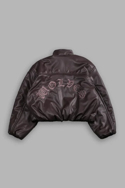 Dual Wolf Chopper Sofia Faux Leather Bomber Jacket in Darc Garnet
