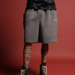Sashiko Webs Grunge Brock Sweat Short in Slate Gray Sun Fade