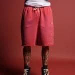 Sashiko Webs Grunge Brock Sweat Short in Roman Red Sun Fade