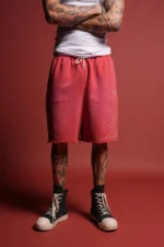 Sashiko Webs Grunge Brock Sweat Short in Roman Red Sun Fade