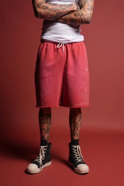 Sashiko Webs Grunge Brock Sweat Short in Roman Red Sun Fade