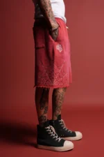 Sashiko Webs Grunge Brock Sweat Short in Roman Red Sun Fade