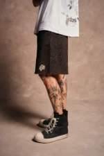 Dual Grunge Oversized Raw Hem Post Lounge Sweat Shorts in Darc Brown Leopard
