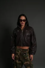Dual Wolf Chopper Sofia Faux Leather Bomber Jacket in Darc Garnet