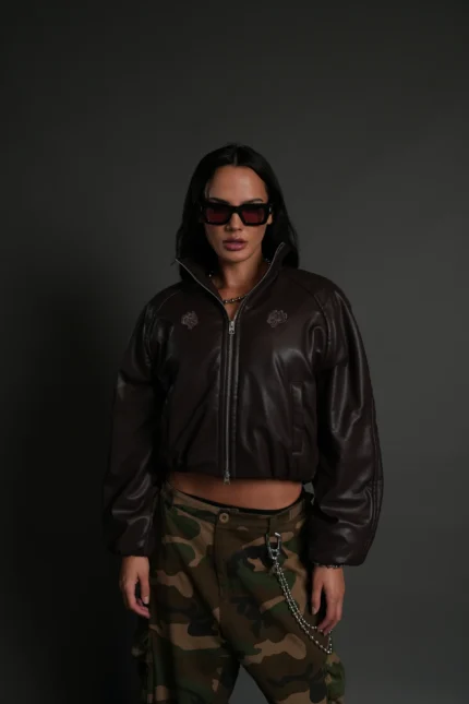 Dual Wolf Chopper Sofia Faux Leather Bomber Jacket in Darc Garnet