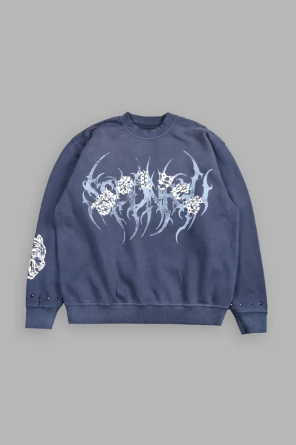 Studded Mantra London Crewneck In Storm Blue Super Sun Fade